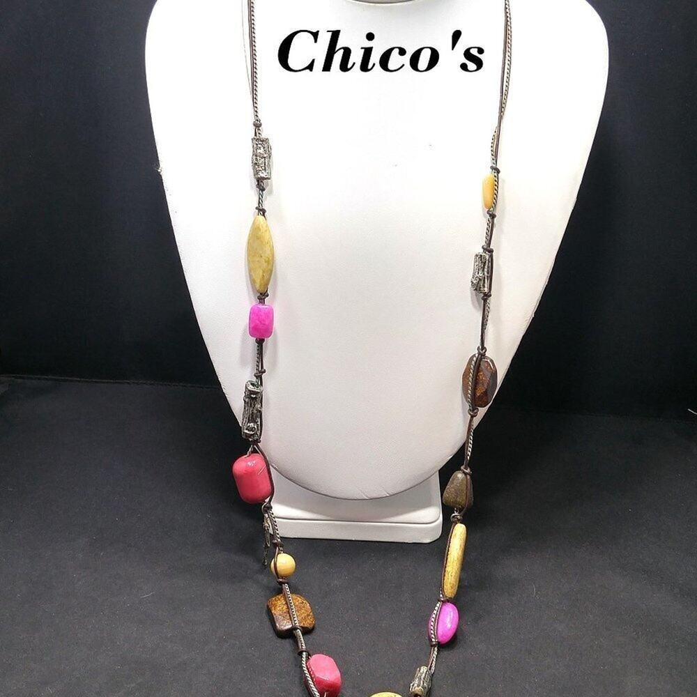 Chico's Gemstone Faux Gemstone Beaded Long Necklace, Hanging Charms, 37 Inches